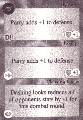 Scan of 'Parry / Parry / Pleasing Looks' Scavenger Wars card